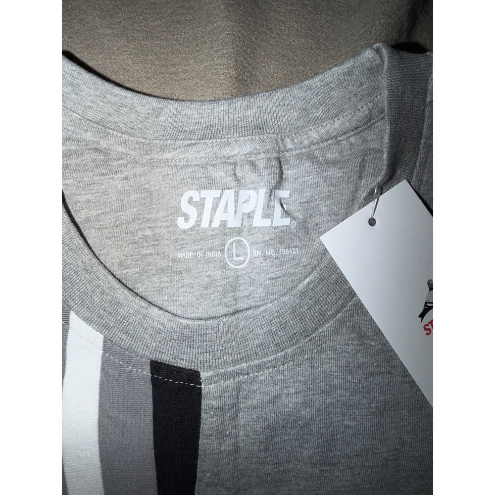 Staple Pigeon Mens Split Vertical‎ Stripe T-Shirt Gray Black White Large NEW - Picture 5 of 7